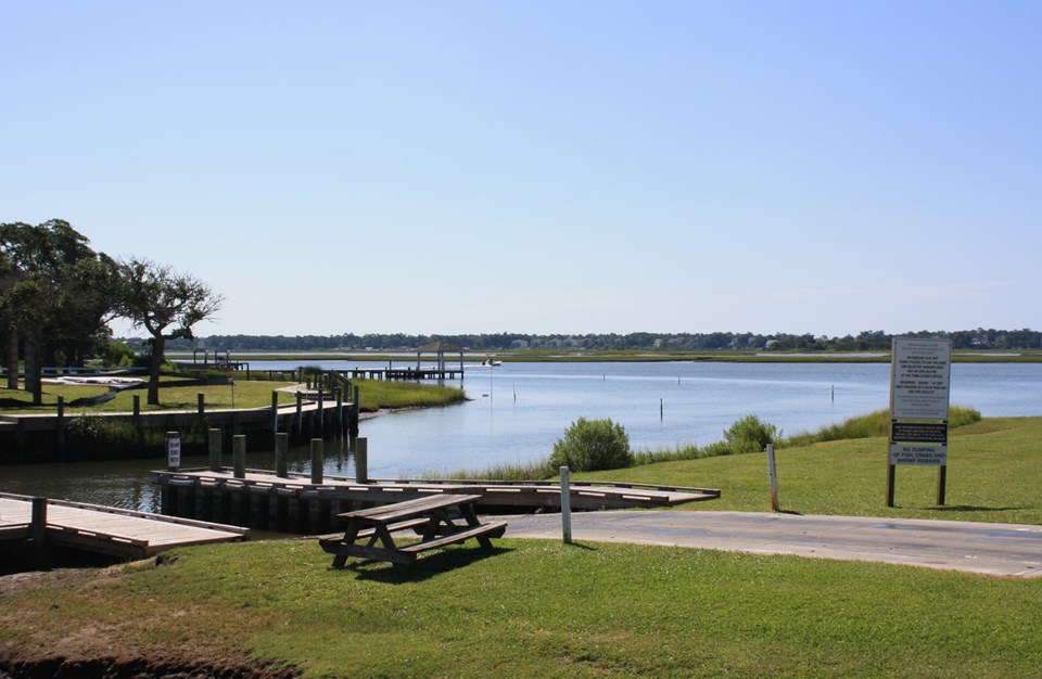 town boat ramps on bogue sound located at the end of manatee st. town charges $100/year for use.