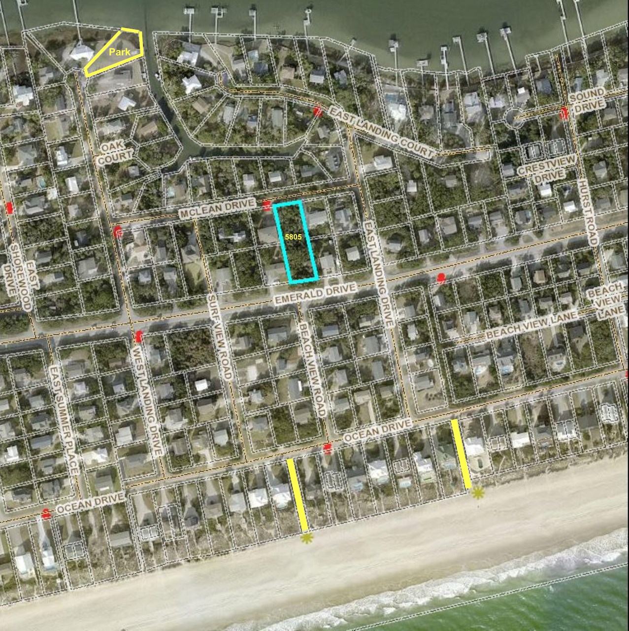 aerial view shows lot and distance to beach walkways, subdivision park & boat ramp